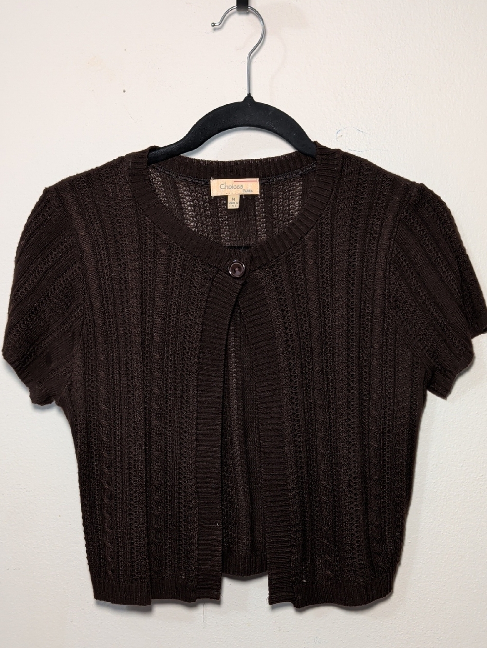 Choices Crochet One-Button Cardigan Brown Cropped Open Knit Y2K Women's Size MP